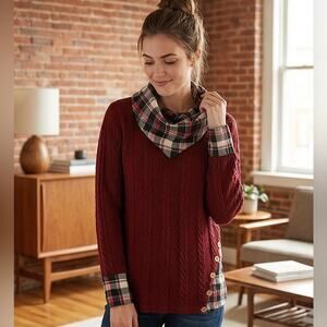 Women’s Wine Knitted Sweater with Plaid Cowl Neck with Button Accent